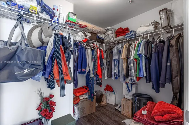 a view of walk in closet with clothes and shoes