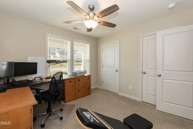 a workspace with chandelier