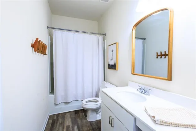 a bathroom with a sink a toilet and shower curtain