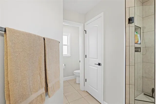 a bathroom with a shower and a toilet
