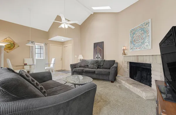 a living room with furniture and a fireplace