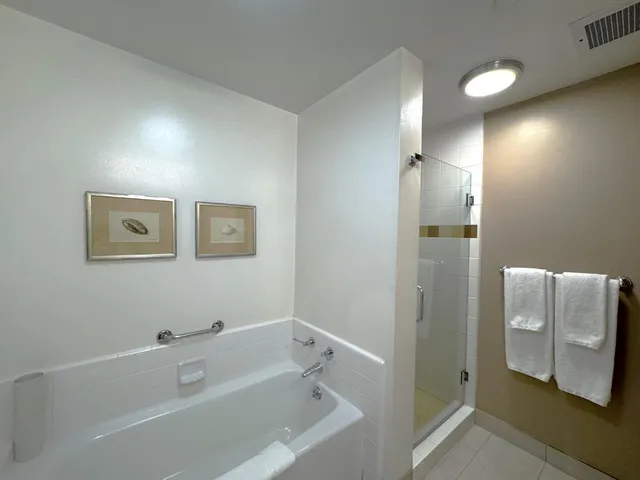 a bathroom with a bathtub and shower