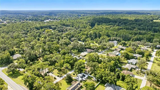 a view of a city with lush green forest