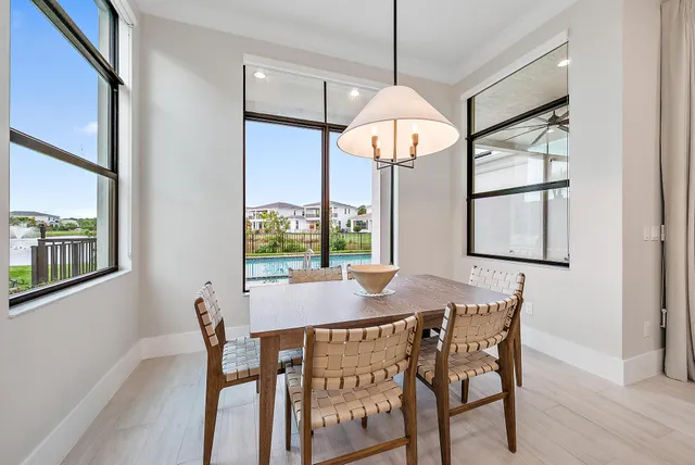 a view of a dining room with furniture window and outside view