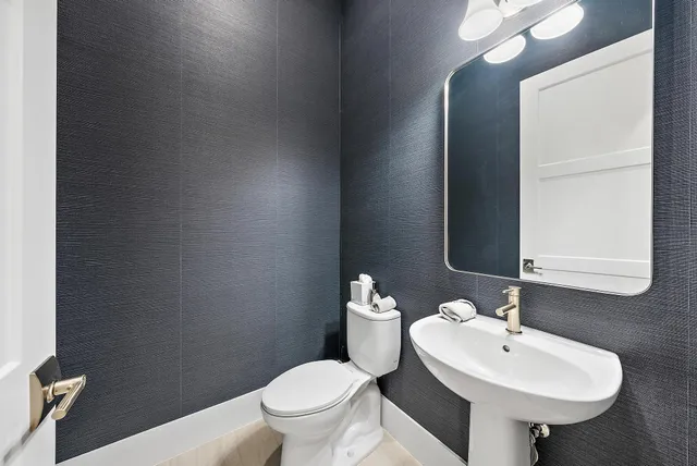 a bathroom with a sink a mirror and a toilet