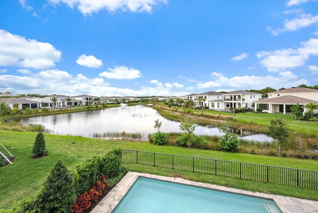 a view of a lake with a city view