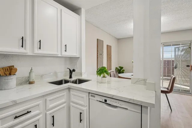 a kitchen with stainless steel appliances white cabinets and a potted plant