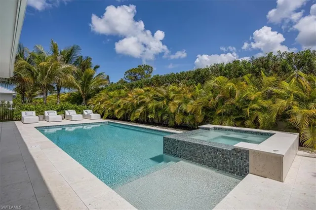 a view of a swimming pool with a yard