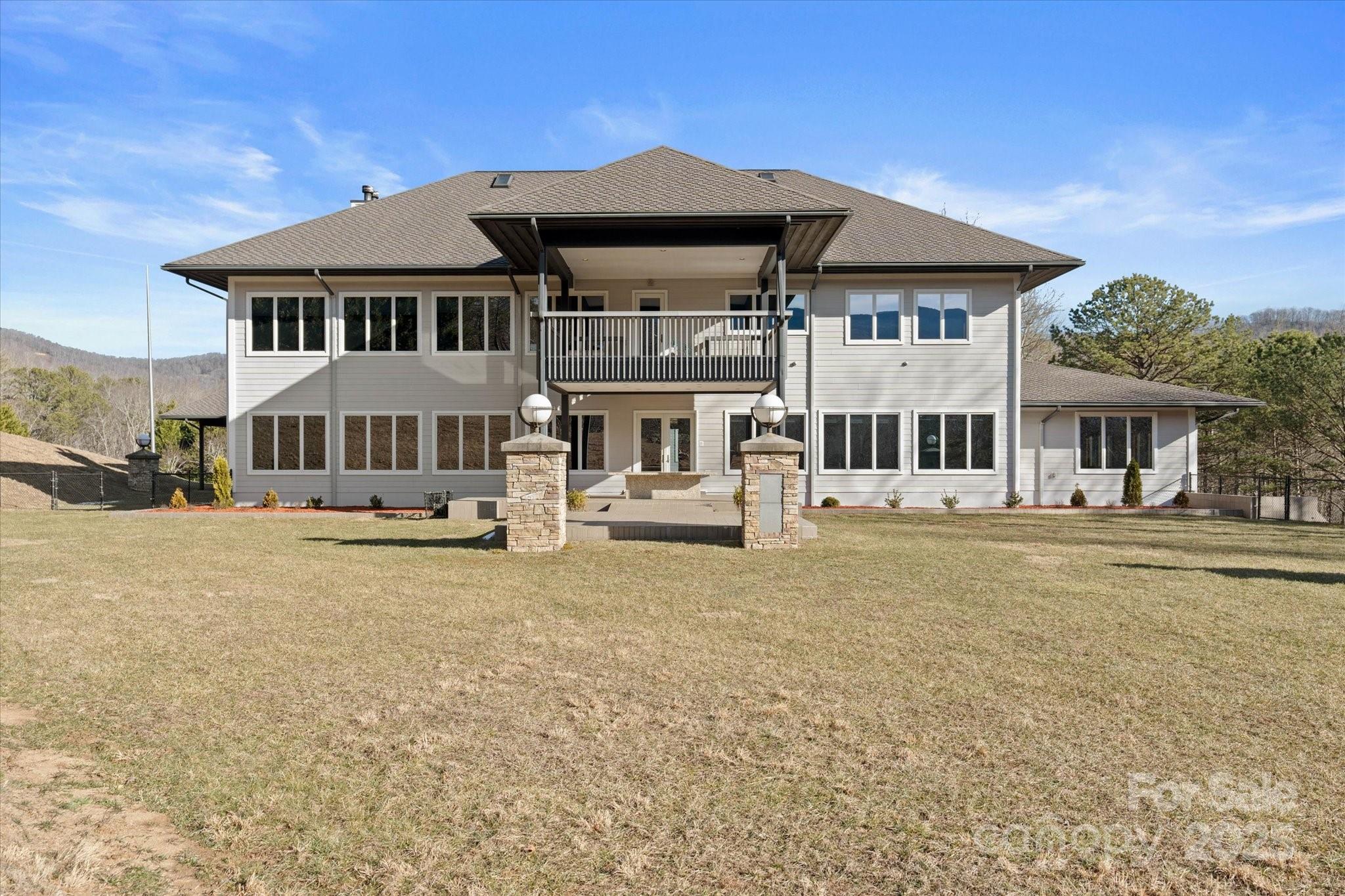 front view of a house with a patio