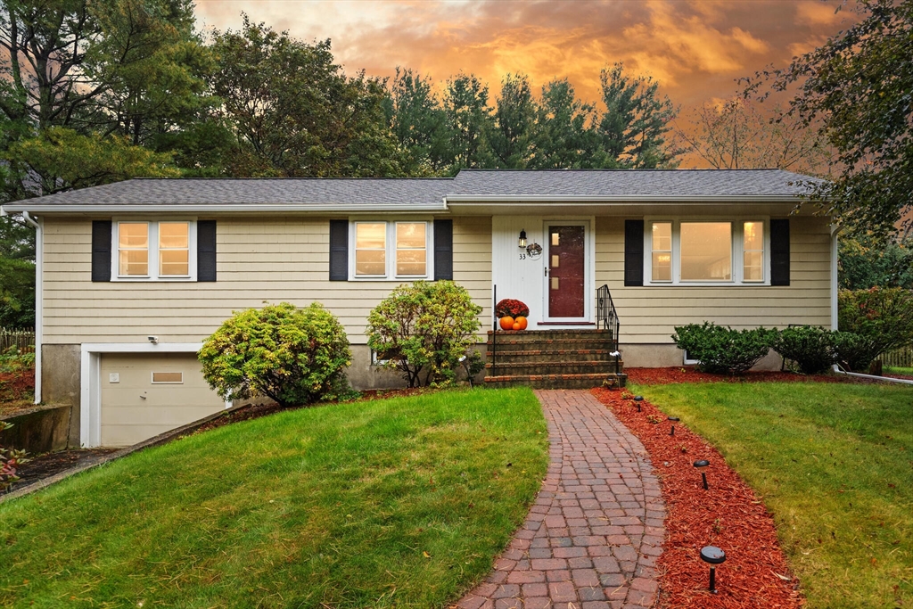 a front view of a house with a yard and trees
