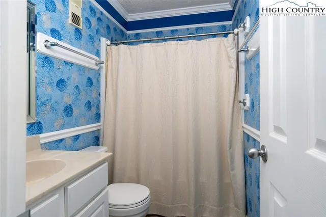 a bathroom with a toilet a sink and curtain