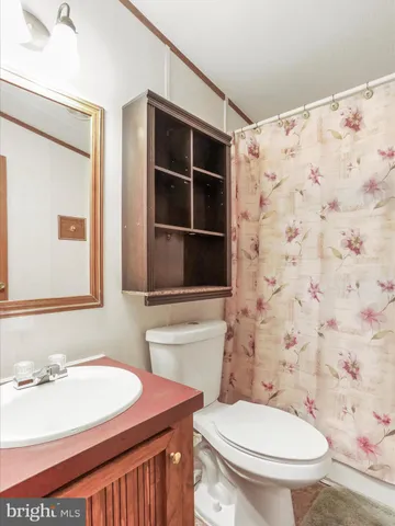a bathroom with a sink a toilet and shower curtain