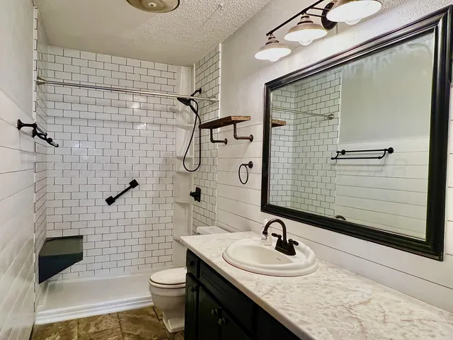 a bathroom with a sink a toilet and shower