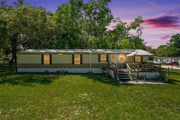 a view of a house with backyard and a tree