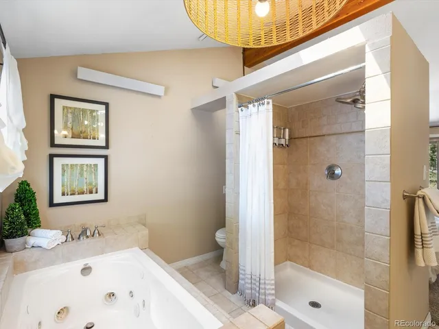 a bathroom with a bathtub and shower