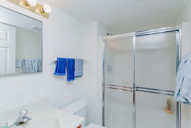 a bathroom with a shower and toilet