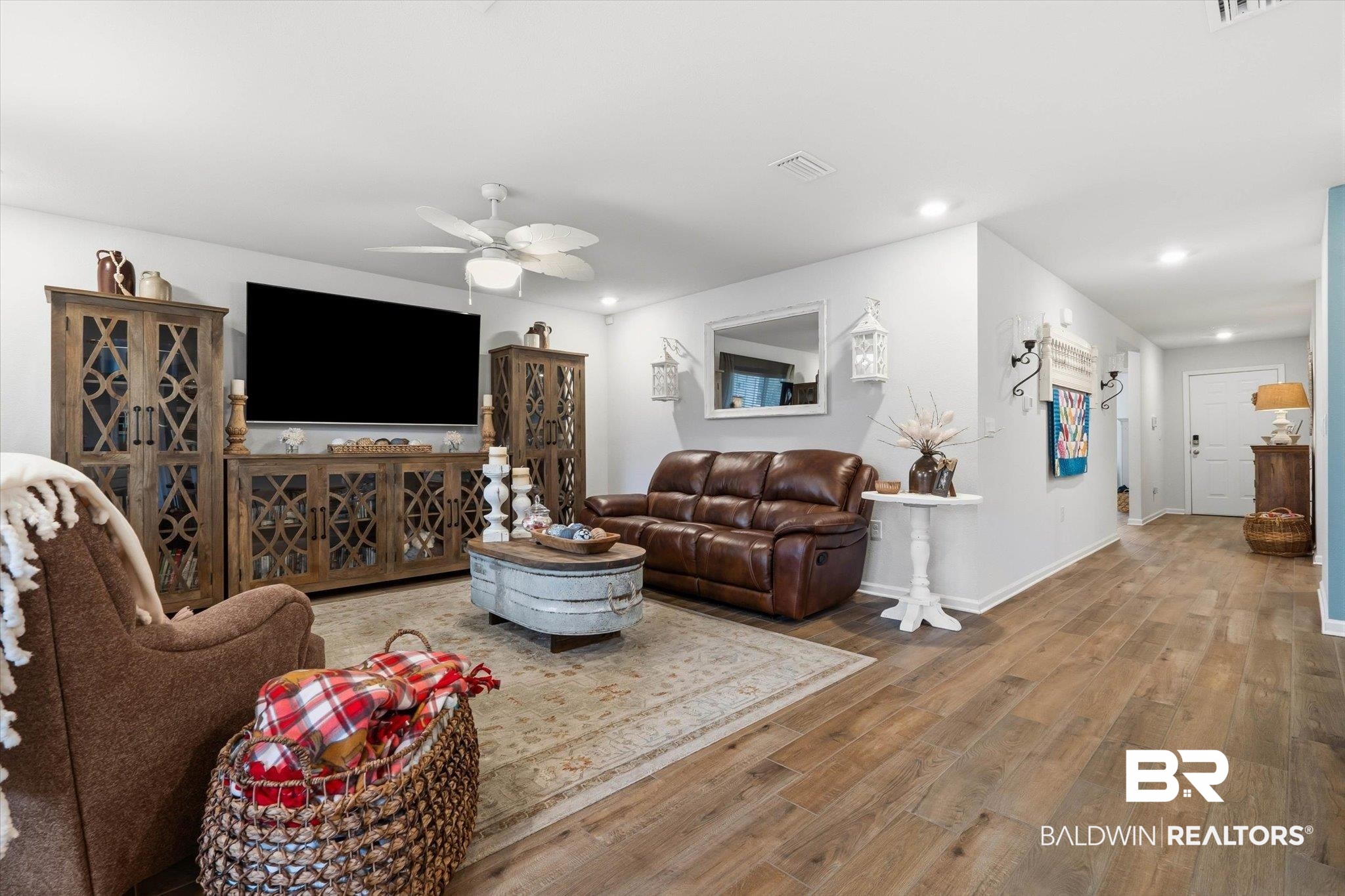17041 Muse Street Loxley, AL 36551 - Photo 2 of 44 Living room with wood-type flooring, a ceiling fan, and recessed lighting