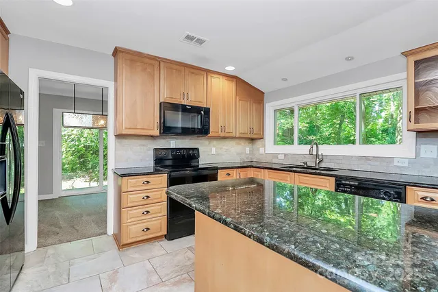 a kitchen with stainless steel appliances granite countertop a stove a sink and a microwave