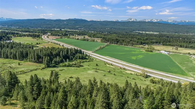 a view of a green field with mountains in the background