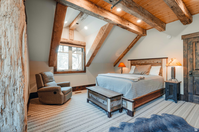 1667 West Tollgate Cyn Road Coalville, UT 84017 - Photo 12 of 61 Vaulted wood-paneled ceiling with exposed wood beams and recessed lighting