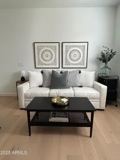a living room with a couch a table and a potted plant