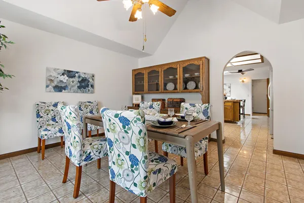 a view of a dining room with furniture