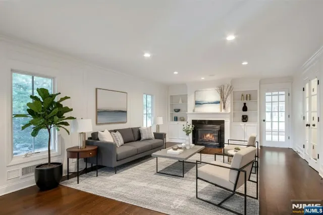 a living room with furniture a fireplace and a potted plant