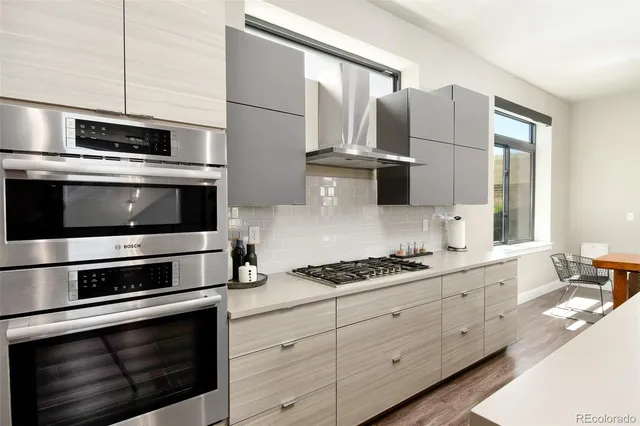 a kitchen with stainless steel appliances white cabinets and stove