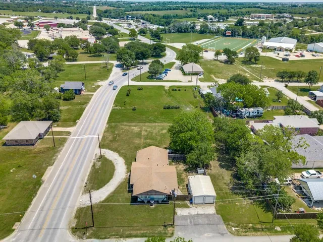 an aerial view of a swimming pool