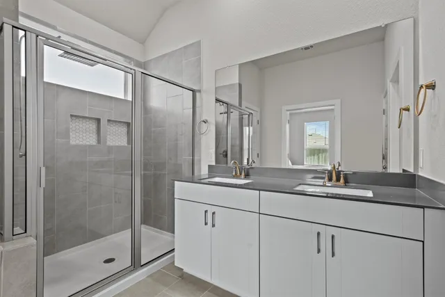a bathroom with a granite countertop sink mirror and shower