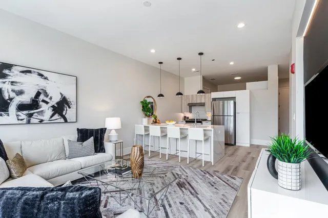a living room with furniture kitchen view and a potted plant