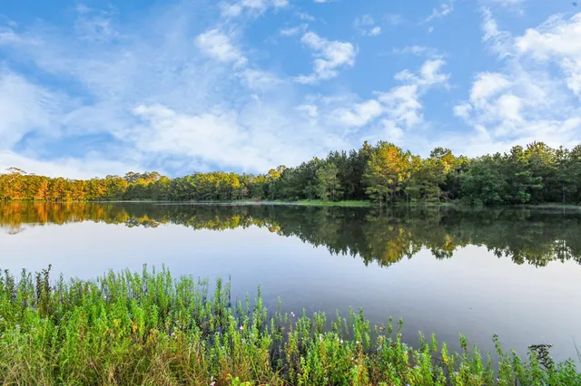 a view of a lake with a yard