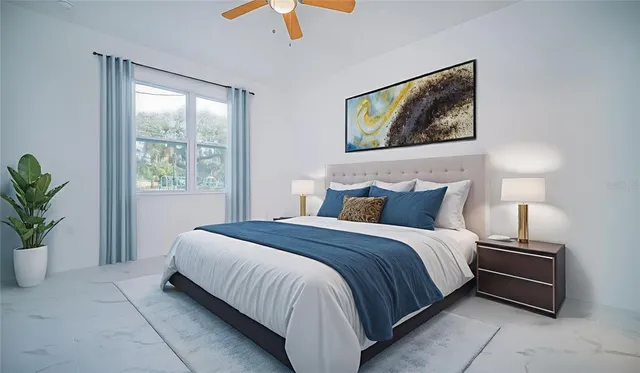 an aerial view of a house with a yard and a fountain