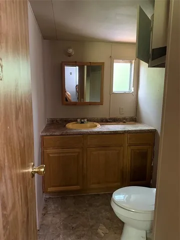 a bathroom with a toilet a sink and mirror