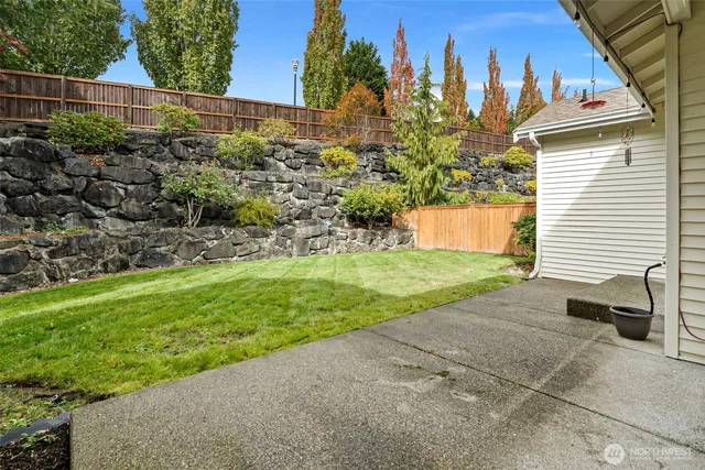 a view of a backyard with plants and a patio