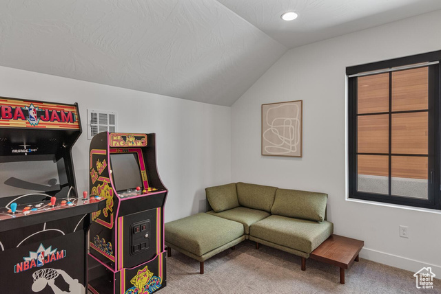 5367 Cyan Lane St. George, UT 84790 - Photo 16 of 36 Playroom featuring lofted ceiling, carpet floors, and baseboards