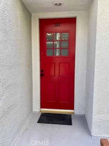 a room with red door