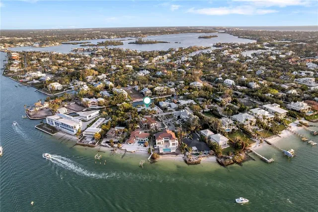 an aerial view of residential houses with outdoor space and trees