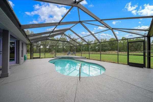 a view of a swimming pool with a patio and a backyard