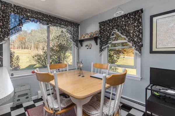 a view of a dining room with furniture window and outside view