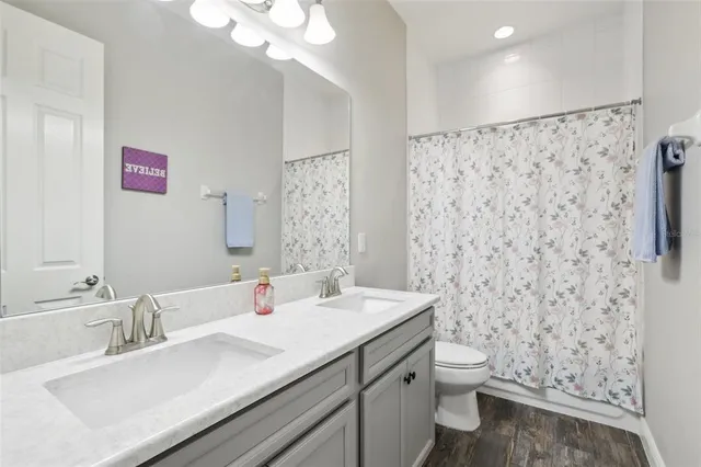 a bathroom with a sink vanity mirror and toilet