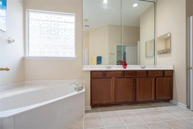 a bathroom with a bathtub sink vanity and mirror