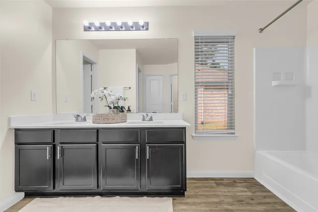 a bathroom with a sink a mirror and a bathtub