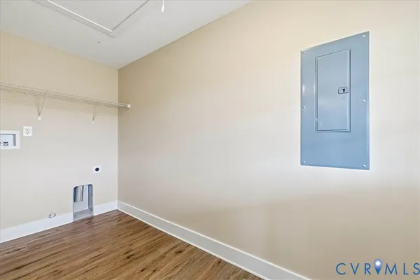 a view of small space with wooden floor