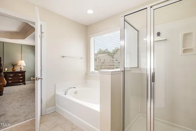 a bathroom with a bathtub and a shower