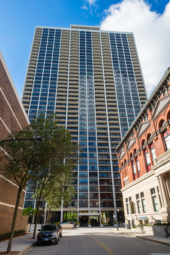 a front view of a building with street view