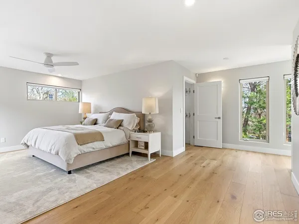 a spacious bedroom with a bed and a large window