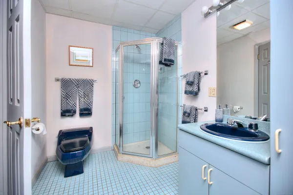 a bathroom with a granite countertop sink a toilet and shower