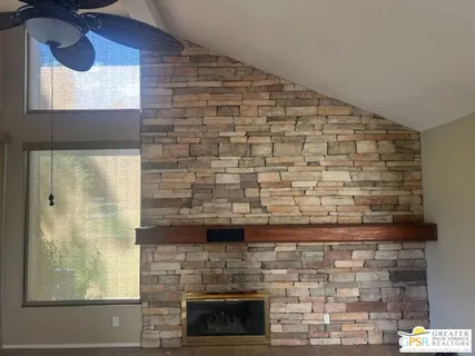 a room with a fireplace