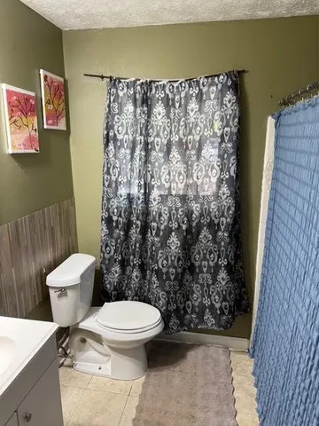 a white toilet sitting next to a shower curtain